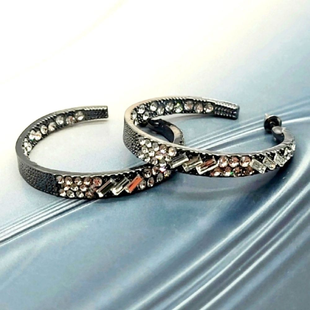 NWT Gunmetal Baguette Rhinestone Inside Outside Hoop Earrings